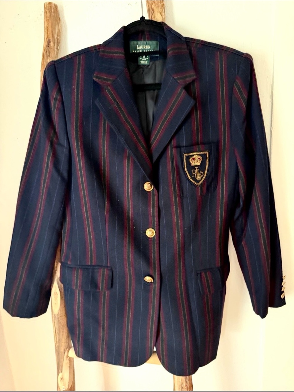 Ralph Lauren Navy and Burgundy Striped Wool Blazer with Crown Crest Academia 14
